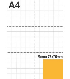 Grandezza Post-it giallo fluo 75 x 75 mm rapportata a foglio A4