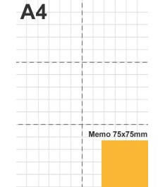 Grandezza Post-it rosa fluo 75 x 75 mm rapportata a foglio A4