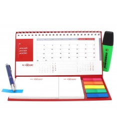Calendario da tavolo con spirale metallica, 12 fogli, 2 blocchetti post-it e bandierine