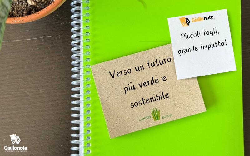 Post-it in carta erba e carta barbabietola con scritte sulla sostenibilità