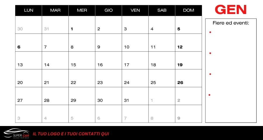 template calendario personalizzato con casella per eventi e fiere