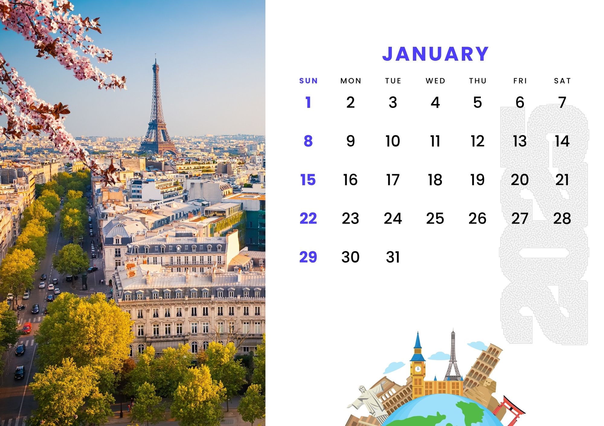 template calendario personalizzato con foto Parigi