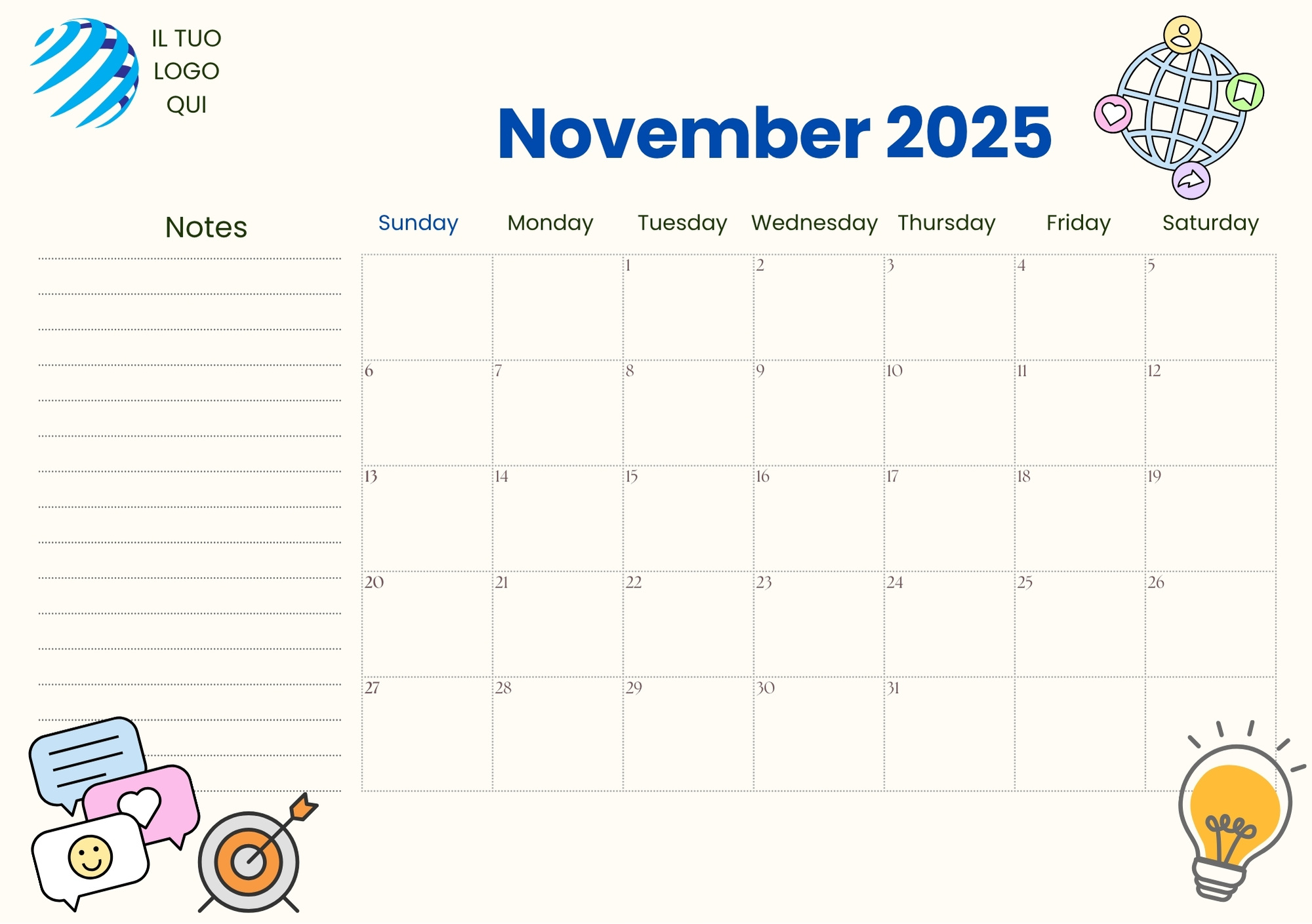 template calendario personalizzato con spazio note