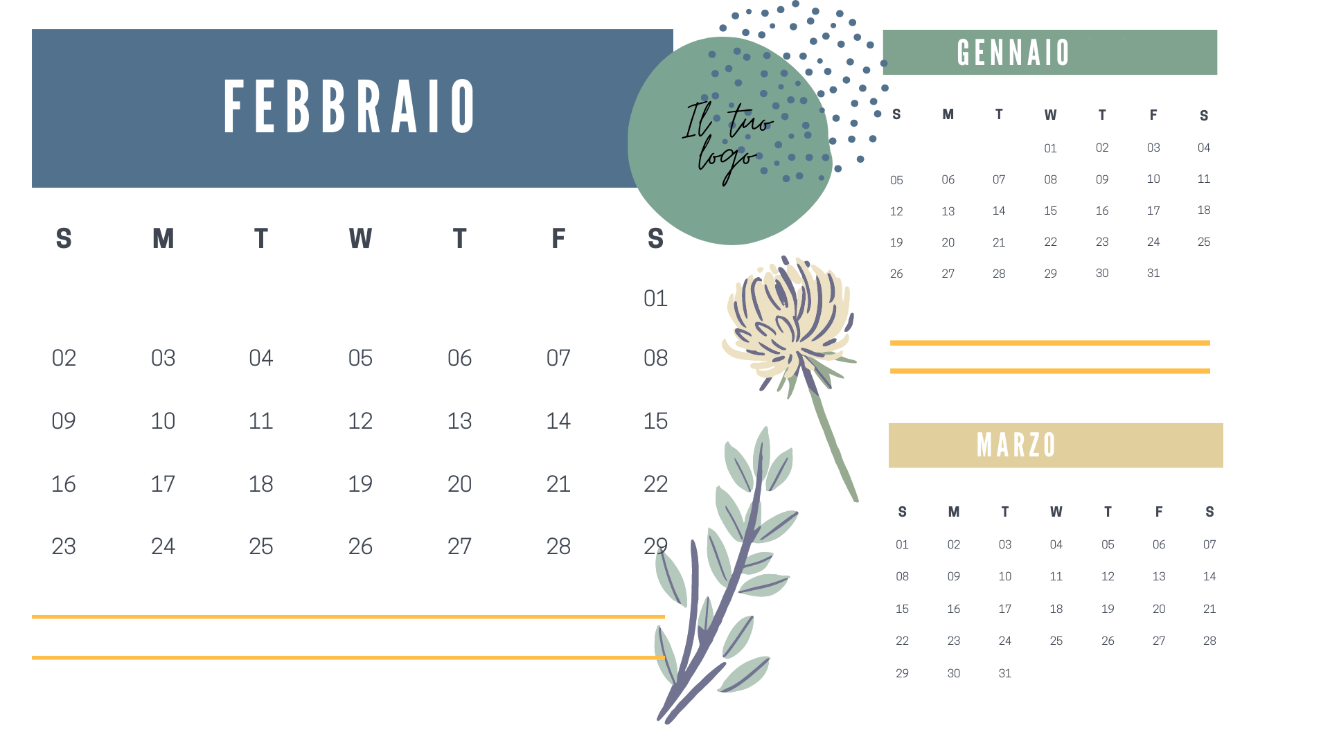 template calendario personalizzato con mese precedente e mese successivo