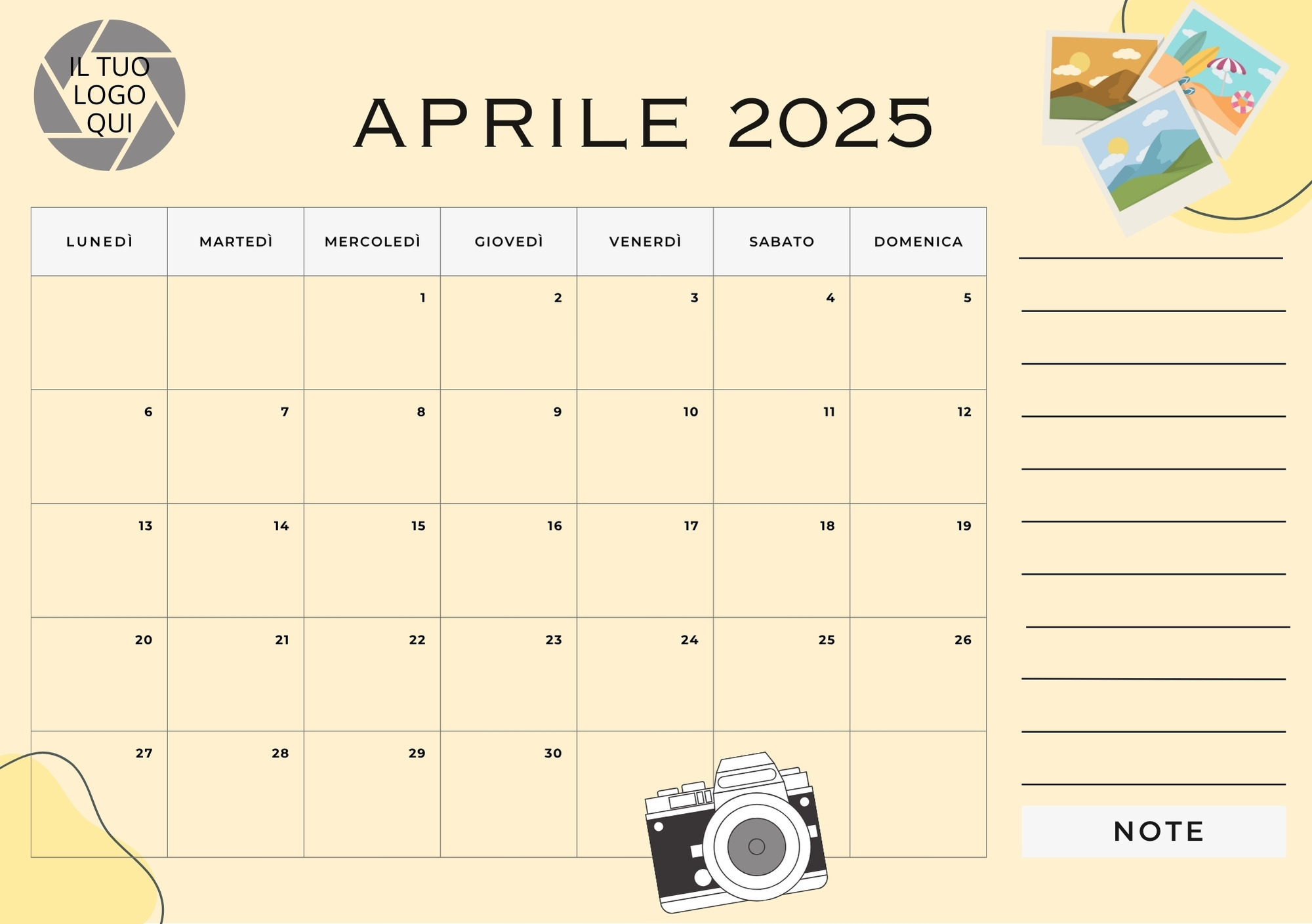 template calendario personalizzato con spazio per le note