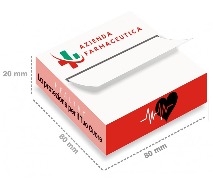 Esempio personalizzazione distributore blocchetti adesivi in cartoncino con Logo farmaco