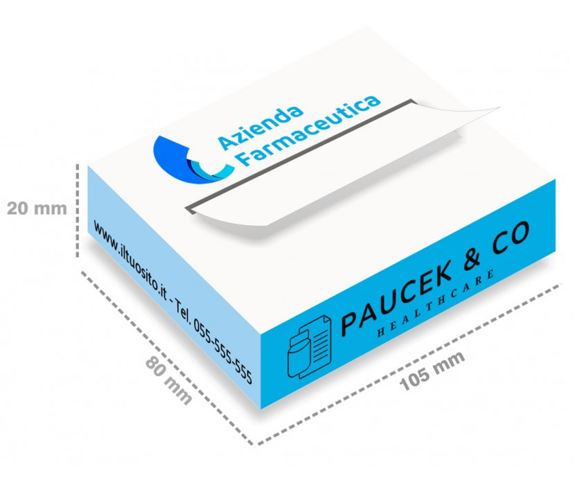 Esempio personalizzazione distributore blocchetti adesivi in cartoncino con Logo farmaco