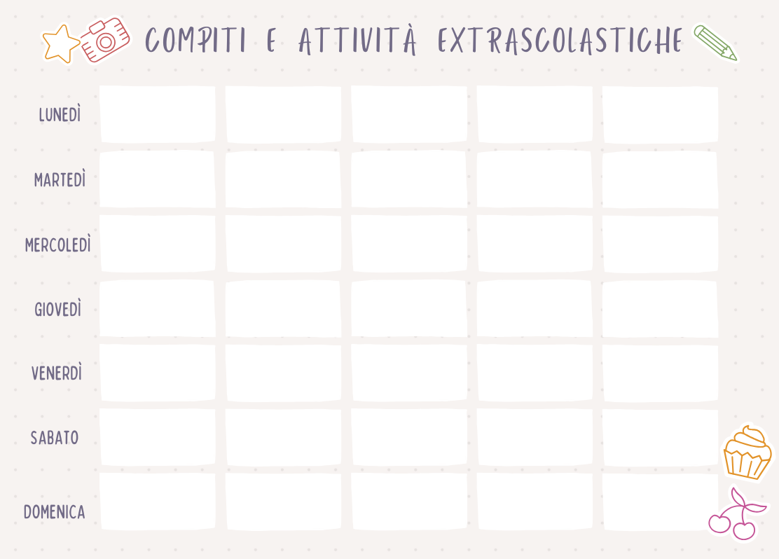 template planning settimanale personalizzato per compiti e attività extrascolastiche